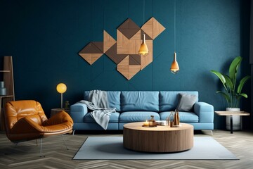 Modern living room with stylish blue wall, wooden accents, and trendy geometric lighting. Generative AI