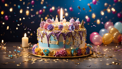 Birthday celebration with a decadent birthday cake decorated with candlelight, balloons, confetti - obrazy, fototapety, plakaty