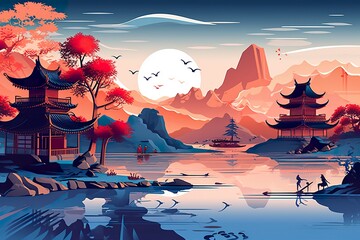 Chinese landscape map, distant mountains, clear rivers, ancient buildings, ships, birds, clouds and mist, brilliant light.