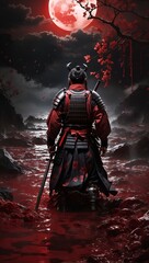 a samurai stands exhausted in a sea of ​​blood, AI Generated