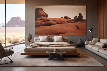 luxury minimalist bedroom with desert theme, giant bed and sofa.