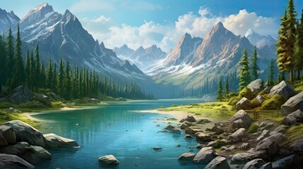 Amazingly beautiful summertime landscape with a mountain lake with emerald water surrounded by coniferous forests and majestic mountains