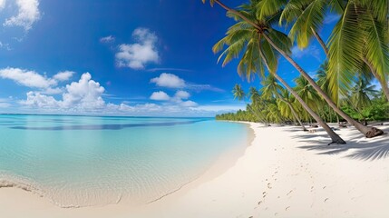 Beautiful beach with white sand, shadows from leaves of palm trees, turquoise ocean water and blue sky with clouds in sunny day. Panoramic view. Natural background for summer vacation