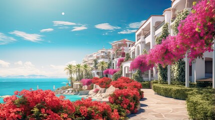 Beautiful mediterranean resort promenade with blooming colorful oleanders and palm trees against the blue sky