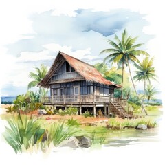A watercolored bright serene image of a traditional bahay kubo.
