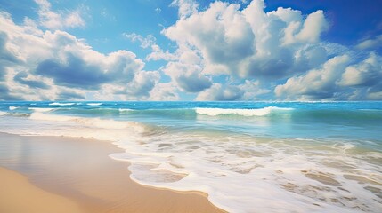 Beautiful natural seascape with turquoise sea, waves crashing on a sandy shore beach against a blue sky with clouds