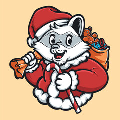 raccoon santa with gift bag cartoon
