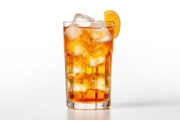 A glass of orange soda water with ice cubes on white background.