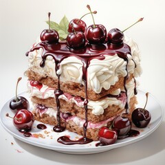 Black Forest Cheesecake Watercolor White Background, Cartoon Illustration Background