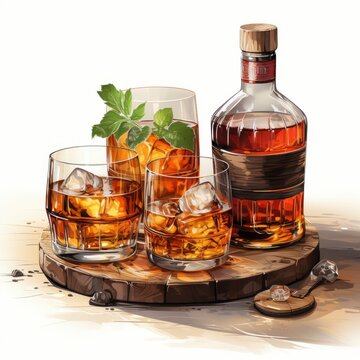 Whiskey Bottle With A Whiskey Barrel Whiskey Duo Agin, Cartoon Illustration Background
