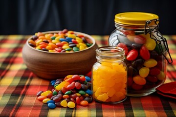 a vibrant jar with various candies on yellow tablecloth beside heap of candy bars on table. Generative AI