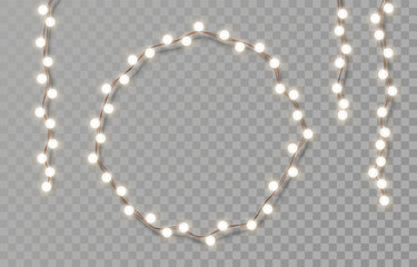 Electric garlands with white circle light bulbs. Christmas lights isolated on transparent background. Holiday decorations with glowing lights for Christmas, New Year, party, event. Vector illustration