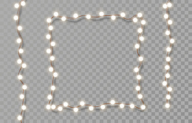 Electric garlands with white circle light bulbs. Christmas lights isolated on transparent background. Holiday decorations with glowing lights for Christmas, New Year, party, event. Vector illustration