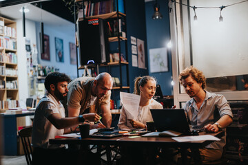 Confident business partners discussing project details, analyzing statistics, and reviewing documentation at a casual coffee bar.