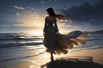 Lunar Stroll: AI-Generated Anime Illustration of a Woman in a Flowing Dress Walking on a Sandy Beach Under the Soft Night Light, Rendered in Niji Style