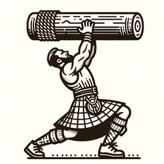 Vector illustration icon representing a Scottish athlete in the midst of the caber toss. Dressed in a kilt, the strongman is captured in a dynamic pose