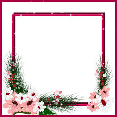 Winter Flower Frame with snowflake, snowfall and leaves pine . Square Border Clipart
