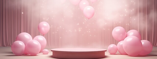 Pink podium background balloon 3d product display pastel stage day birthday ball gift. Podium platform abstract pink background love mother party color sale mom round happy room stand box cosmetic. - obrazy, fototapety, plakaty