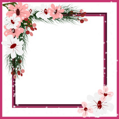 Winter Flower Frame with snowflake, snowfall and leaves pine . Square Border Clipart