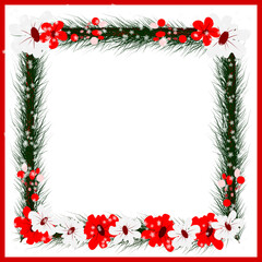 Winter Flower Frame with snowflake, snowfall and leaves pine . Square Border Clipart
