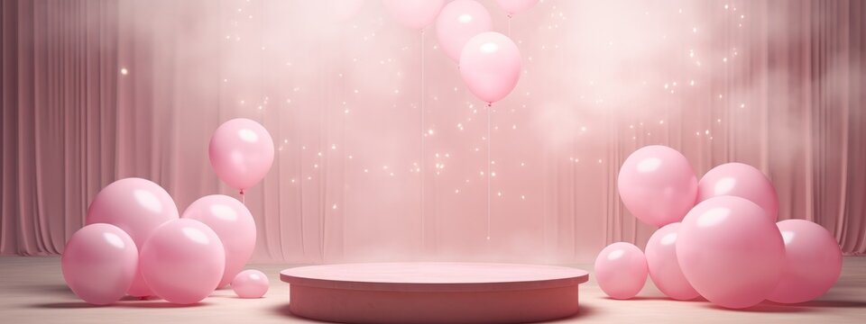 Pink podium background balloon 3d product display pastel stage day birthday ball gift. Podium platform abstract pink background love mother party color sale mom round happy room stand box cosmetic.