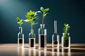 Plants in test tubes. Concept pf science researching - obrazy, fototapety, plakaty