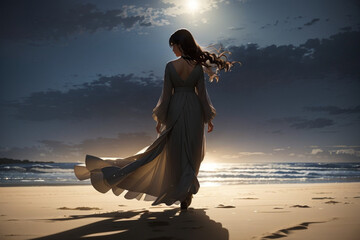 Lunar Stroll: AI-Generated Anime Illustration of a Woman in a Flowing Dress Walking on a Sandy Beach Under the Soft Night Light, Rendered in Niji Style