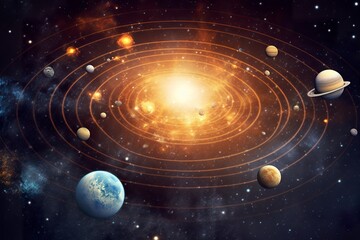 Our 3d Solar system with planets in orbits path.