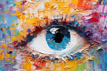 “Fluorite” oil painting. Conceptual abstract picture of the eye. Oil painting in colorful colors. Conceptual abstract closeup of an oil painting and palette knife on canvas.