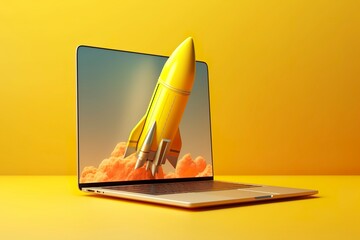 Launching a new product or service. Technology development process. Space rocket launch. 3d render. Yellow rocket lift up from the display laptop.