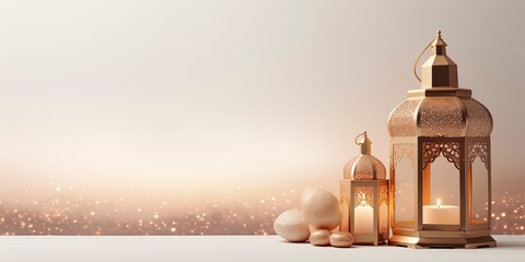 Celebration of islamic eid mubarak and eid al adha lantern in a light background.