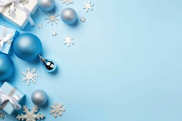 Christmas Eve concept. Top view photo of blue and silver baubles snowflake ornaments stylish present boxes and confetti.