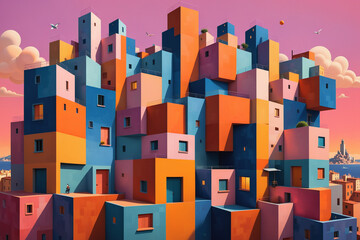 a painting of a city made of colorful blocks, a cubist painting by Chris LaBrooy, behance contest winner, cubo-futurism, behance hd, isometric, rendered in cinema4d, Generative AI - obrazy, fototapety, plakaty