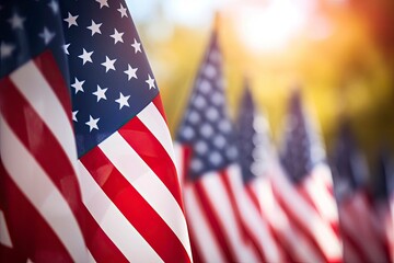 Closeup of an American flag in a row.