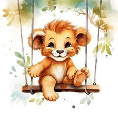 Cute happy baby lion on swings attached to the tree in watercolor style.