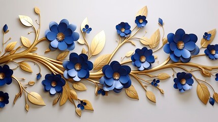 Elegant gold and royal blue floral tree with leaves and flowers hanging branches illustration background.
