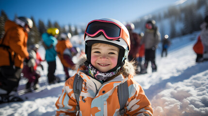 Ski adventures, Smiling boy in helmet and goggles surrounded by friends