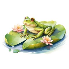 Frog Floating on a Lily Pad Raft, watercolor for T-shirt Design.