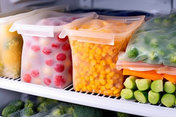 Frozen food in the freezer. Frozen vegetables.