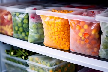 Frozen food in the freezer. Frozen vegetables.