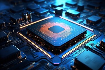 Fototapeta na wymiar Futuristic central processor unit. Powerful Quantum CPU motherboard.