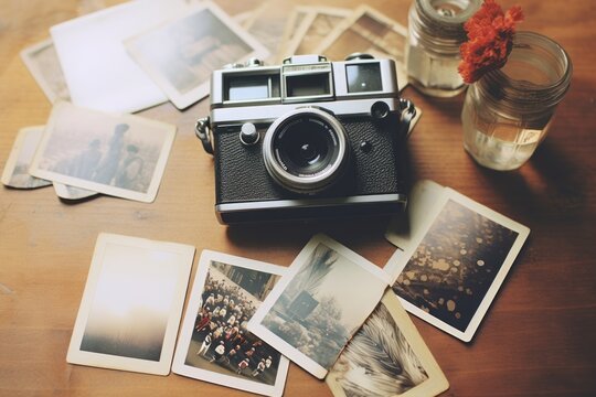 Photo of old era digital camera and vintage artistic photos lying on wooden table.  