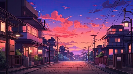 A beautiful japanese tokyo city town in the evening. houses at the street. anime comics artstyle. cozy lofi asian architecture. AI Generative