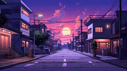Fototapete Rund A beautiful japanese tokyo city town in the evening. houses at the street. anime comics artstyle. cozy lofi asian architecture. AI Generative © Nhan