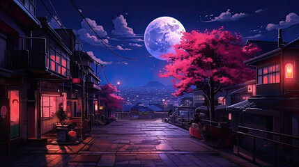 Obraz premium A beautiful japanese tokyo city town in the evening. houses at the street. anime comics artstyle. cozy lofi asian architecture. AI Generative
