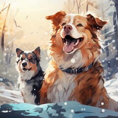Dog And Cat Catching Snowflakes On Tongues Snowy Play, Cartoon Illustration Background