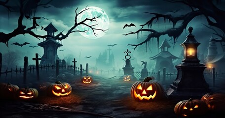 Pumpkins In Graveyard In The Spooky Night, Halloween Backdrop.