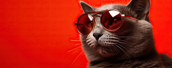 Close up funny grey british Longhair cat wearing sunglasses isolated on red background, copy space