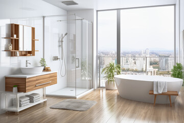 Modern minimalist bathroom and clear shower cabin in background of design style house. Health and clean building concept. - obrazy, fototapety, plakaty