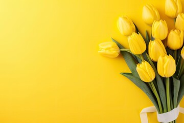 Top view design of holiday greeting tulip flower bouquet on bright yellow Background.